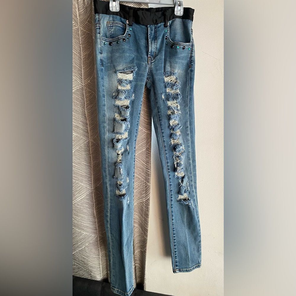 UNDERCOVER Ripped Takahashi Shield Jeans Skinny Rhinestone Rare Sz 0
